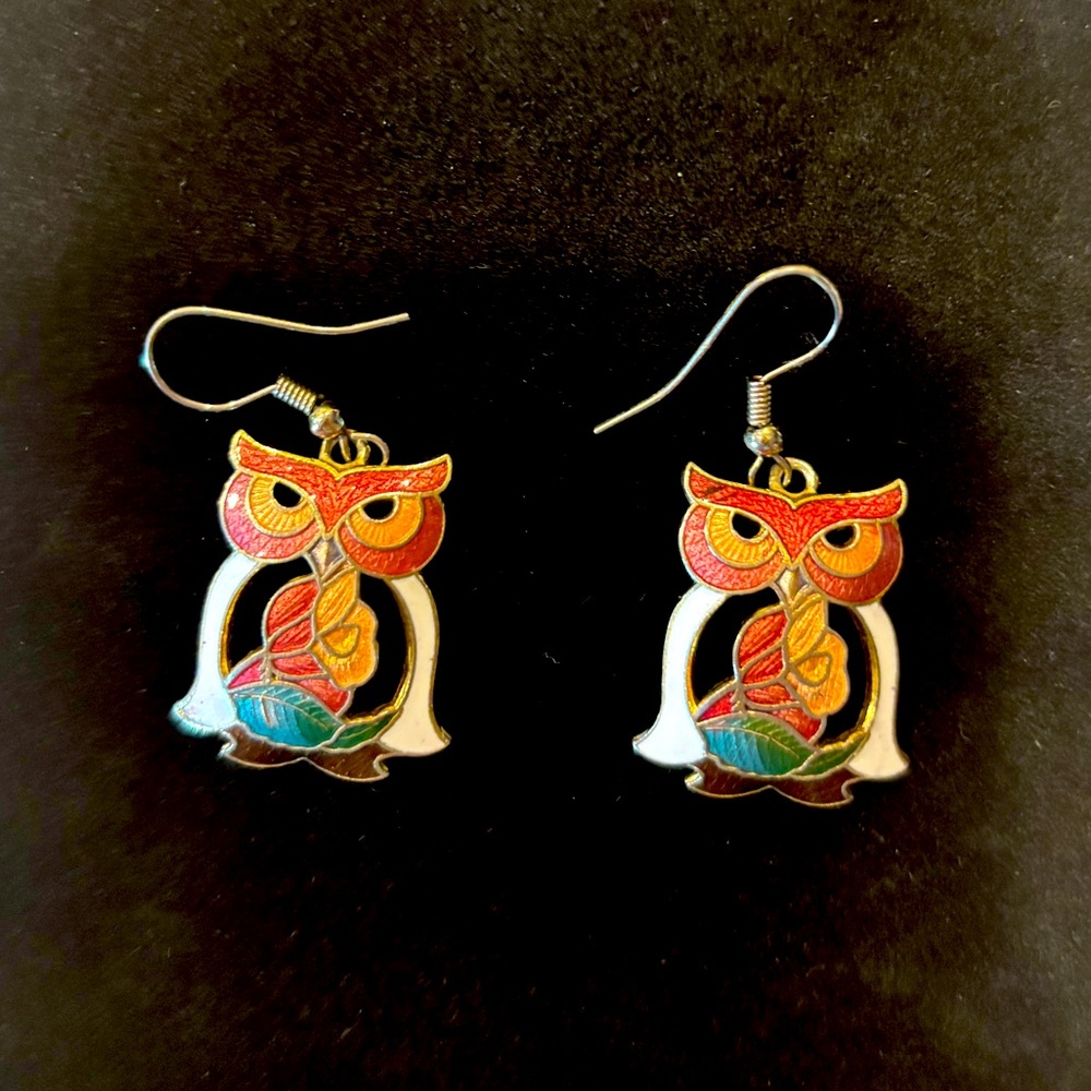 Vintage Cloisonné Owl Earrings